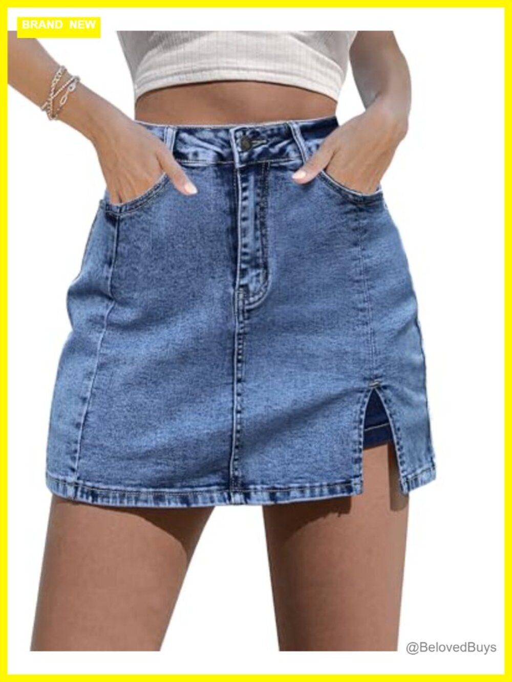 High Waisted Stretchy Denim Skort Mini Skirt Side Slit